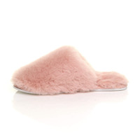 Left side view of Peach Pink Fur Flat Winter Fluffy Fur Lined Slip On Slippers Mules