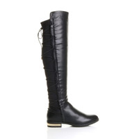 Right side view of Black PU Low Heel Lace Up Back Stretch Riding Boots