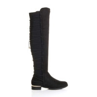 Right side view of Black Suede Low Heel Lace Up Back Stretch Riding Boots