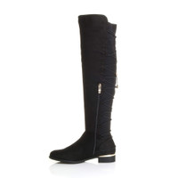 Left side view of Black Suede Low Heel Lace Up Back Stretch Riding Boots