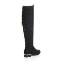 Back right side view of Black Suede Low Heel Lace Up Back Stretch Riding Boots