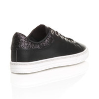 Back right side view of Black PU Flat Lace Up Diamante Low Top Trainers 