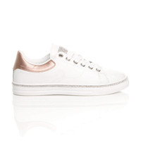 Right side view of White PU Flat Lace Up Diamante Low Top Trainers 