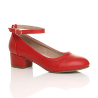 Front right side view of Red PU Low Mid Block Heel Ankle Strap Smart Work Comfort Shoes