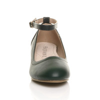 Front view of Green PU Low Mid Block Heel Ankle Strap Smart Work Comfort Shoes