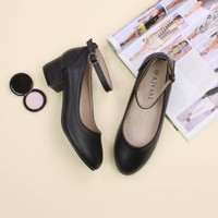 Black PU Low Mid Block Heel Ankle Strap Smart Work Comfort Shoes