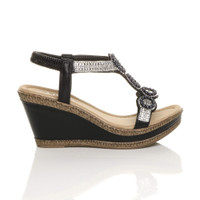Right side view of Black PU High Wedge Heel Diamante Beaded Platform Slingback Sandals 