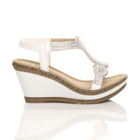 Right side view of White PU High Wedge Heel Diamante Beaded Platform Slingback Sandals 