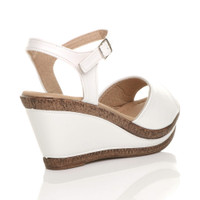 Back right side view of White PU High Wedge Heel Cork Platform Buckle Sandals