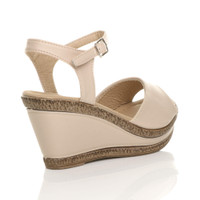 Back right side view of Nude PU High Wedge Heel Cork Platform Buckle Sandals