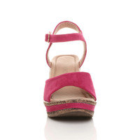 Front view of Fuchsia Pink Suede High Wedge Heel Cork Platform Buckle Sandals