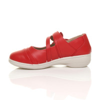 Left side view of Red PU Flat Grip Sole Padded Mary Jane Hook & Loop Comfort Shoes