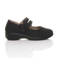 Right side view of Black PU Flat Grip Sole Padded Mary Jane Hook & Loop Comfort Shoes