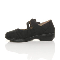 Left side view of Black PU Flat Grip Sole Padded Mary Jane Hook & Loop Comfort Shoes