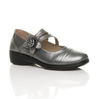 Front right side view of Pewter PU Flat Grip Sole Padded Mary Jane Hook & Loop Comfort Shoes