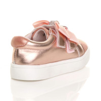 Back right side view of Rose Gold PU Flat Low Heel Bow Diamante Strap Trainers Sneakers