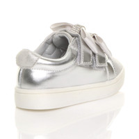 Back right side view of Silver PU Flat Low Heel Bow Diamante Strap Trainers Sneakers