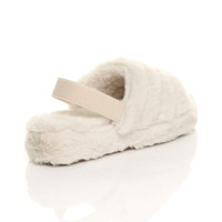 Back right side view of Beige Fur Faux Fur Elasticated Strap Peep Toe Slippers Slides