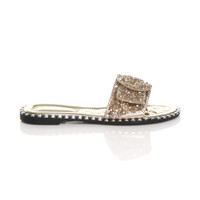 Right side view of Gold PU Flat Slip On Studded Diamante Mules Sandals Flip Flops