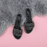 Black PU Flat Slip On Studded Diamante Mules Sandals Flip Flops