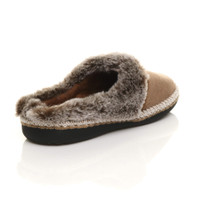 Back right side view of Mocha Suede Fleece Lined Fur Trim Stitch Detail Mule Slippers Scuffs