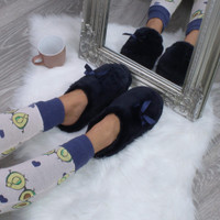 Navy Fur Fur Fluffy Slip On Mules Grip Sole Scuffs Comfort Slippers