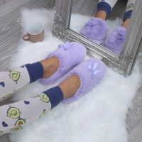 Model wearing Lilac Fur Fur Fluffy Slip On Mules Grip Sole Scuffs Comfort Slippers