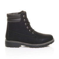 Right side view of Black PU Low Heel Lace Up Chunky Fur Lined Military Work Ankle Boots 