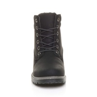 Front view of Black PU Low Heel Lace Up Chunky Fur Lined Military Work Ankle Boots 