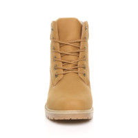 Front view of Honey Camel PU Low Heel Lace Up Chunky Fur Lined Military Work Ankle Boots 