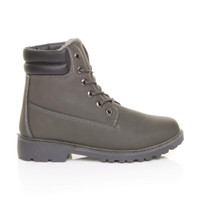 Right side view of Grey PU Low Heel Lace Up Chunky Fur Lined Military Work Ankle Boots 