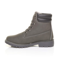 Left side view of Grey PU Mens low heel lace up fur lined military work ankle boots 