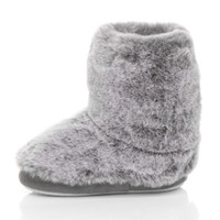 Left side view of Grey Fur Kids Fluffy Pom Pom Ankle Boots Slippers Fur Booties