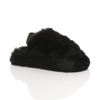 Front right side view of Black Fur Kids Faux Fur Elastic Strap Peep Toe Slippers 