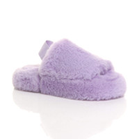 Front right side view of Lilac Fur Kids Faux Fur Elastic Strap Peep Toe Slippers 
