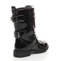 Back right side view of Black Patent Girls Low Heel Lace Up Combat Biker Military Ankle Boots