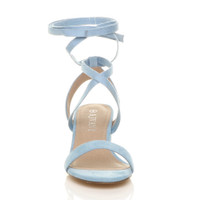 Front view of Pale Blue Suede Low Mid Block Heel Lace Up Ankle Tie Wrap Strappy Sandals