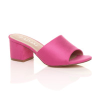Front right side view of Fuchsia Suede Low Mid Block Heel Casual Party Evening Mules Sandals 