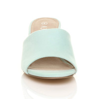 Front view of Mint Suede Low Mid Block Heel Casual Party Evening Mules Sandals 