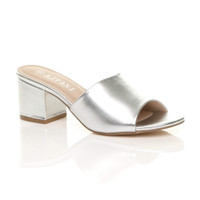 Front right side view of Silver PU Low Mid Block Heel Casual Party Evening Mules Sandals 