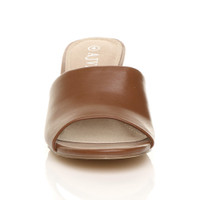 Front view of Tan PU Low Mid Block Heel Casual Party Evening Mules Sandals 