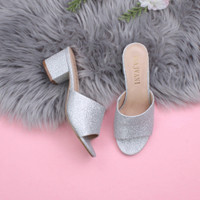 Silver Glitter Low Mid Block Heel Casual Party Evening Mules Sandals 