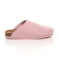Right side view of Pink Flat Comfort Fleece Footbed Slippers Grip Sole Indoor Mules