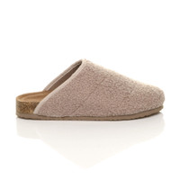 Right side view of Mocha Flat Comfort Fleece Footbed Slippers Grip Sole Indoor Mules