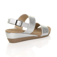 Back right side view of Silver PU Low Mid Wedge Heel Slingback Strappy Platform Sandals 