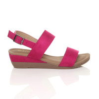Right side view of Fuchsia Pink Suede Low Mid Wedge Heel Slingback Strappy Platform Sandals 
