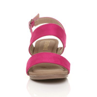 Front view of Fuchsia Pink Suede Low Mid Wedge Heel Slingback Strappy Platform Sandals 