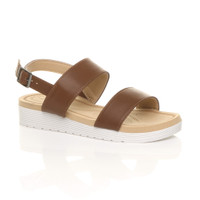 Front right side view of Tan PU Low Wedge Heel Slingback Buckle Strappy Flatform Sandals 