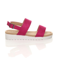 Right side view of Fuchsia Pink Suede Low Wedge Heel Slingback Buckle Strappy Flatform Sandals 