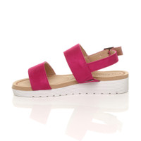 Left side view of Fuchsia Pink Suede Low Wedge Heel Slingback Buckle Strappy Flatform Sandals 